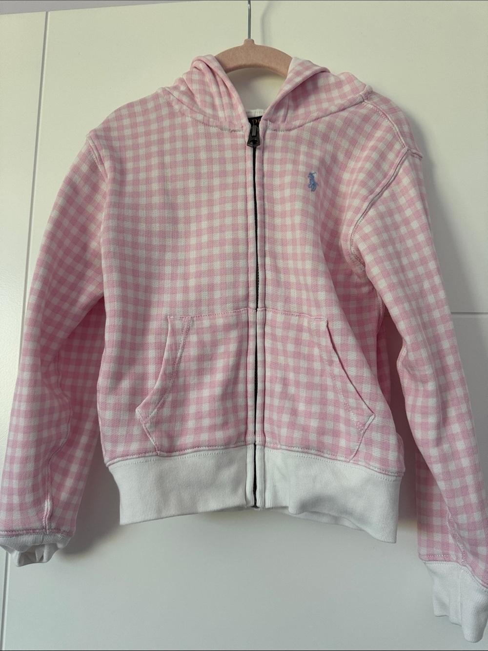 Ralph Lauren Pink Gingham Zip-Up Hoodie with White Trim